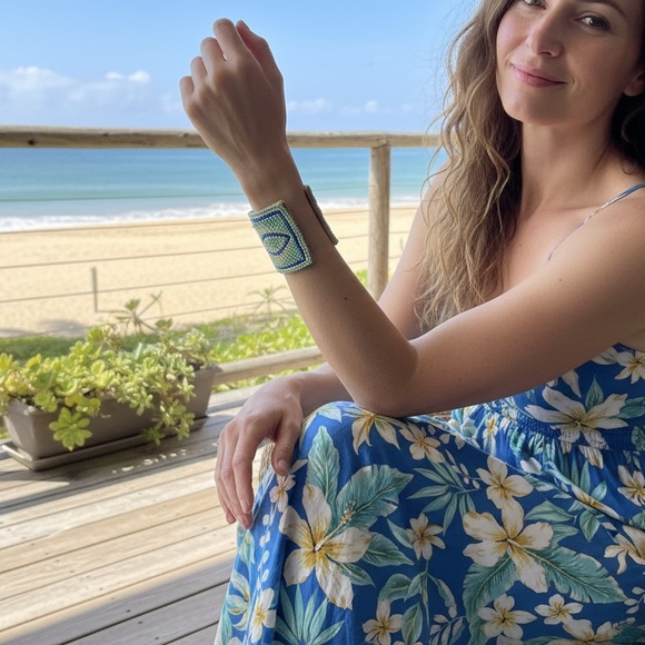 Beaded Cuff Bracelet / Blue&Green, w/covered interior fabric 💙🩵🤍 - Picture 2 of 2